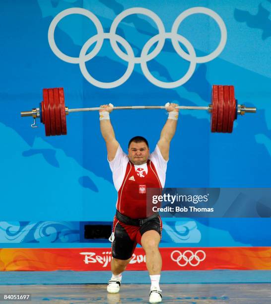Grzegorz Kleszcz of Poland during the Men's 105 kg group weightlifting event at the Beijing University of Aeronautics & Astronautics Gymnasium on Day...