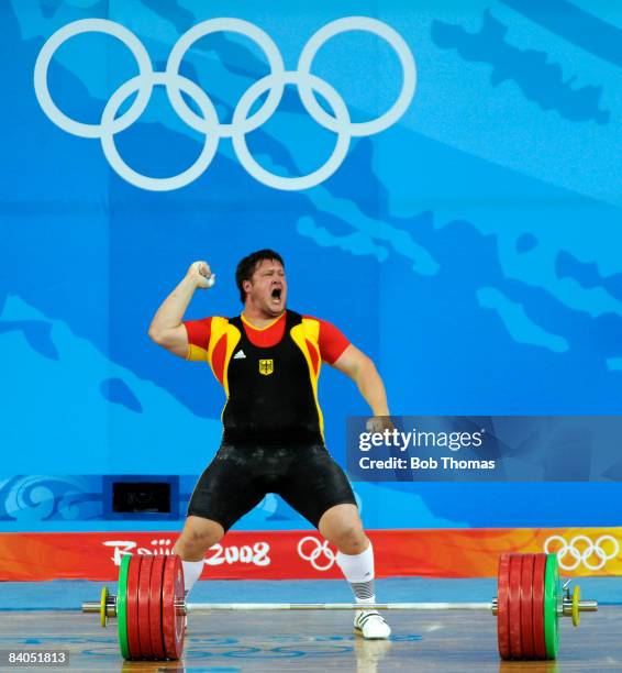 Matthias Steiner of Germany during the Men's 105 kg group weightlifting event at the Beijing University of Aeronautics & Astronautics Gymnasium on...