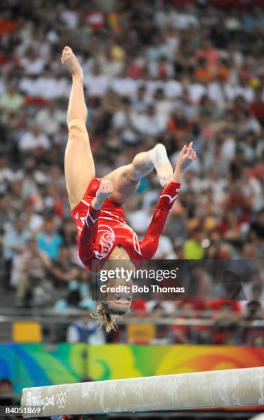 Alicia Sacramone of the USA on the beam during the artistic gymnastics team event at the National Indoor Stadium during Day 5 of the Beijing 2008...