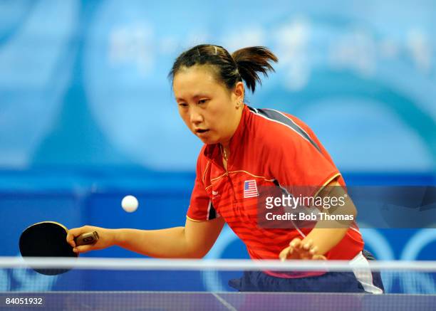 Jun Gao of the USA playing against Xue Wu of the Dominican Republic during their women's table tennis single preliminary match during Day 12 of the...