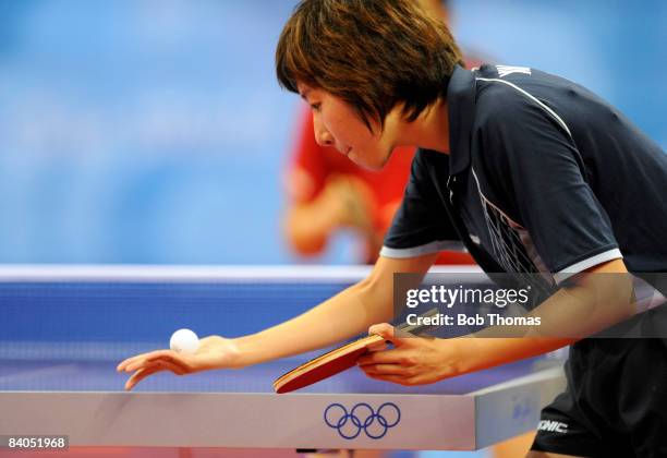 Xue Wu of the Dominican Republic playing against Jun Gao of the USA during their women's table tennis single preliminary match during Day 12 of the...