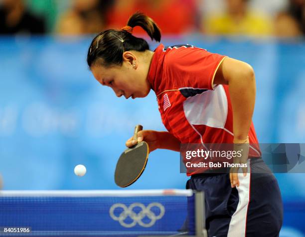 Jun Gao of the USA playing against Xue Wu of the Dominican Republic during their women's table tennis single preliminary match during Day 12 of the...