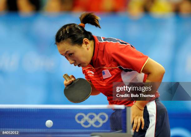 Jun Gao of the USA playing against Xue Wu of the Dominican Republic during their women's table tennis single preliminary match during Day 12 of the...