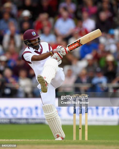 West Indies batsman Kraigg Brathwaite hits out during day five of the 2nd Investec Test Match between England and West Indies at Headingley on August...