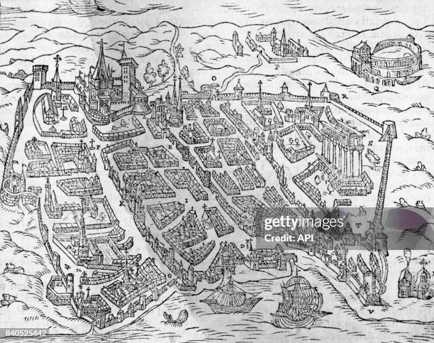 Plan de la ville de Bordeaux, en 1568, France.
