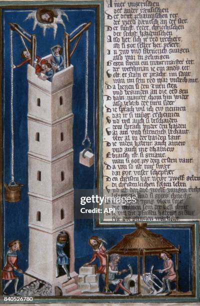 La tour de Babel, miniature d'un manuscrit Allemand du XIVème siècle.