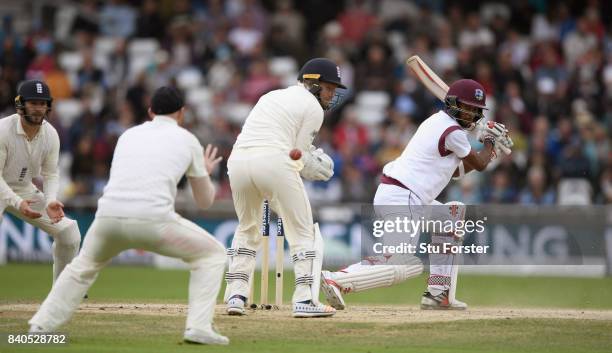 West Indies batsman Kraigg Brathwaite is caught at slip by Ben Stokes for 95 runs during day five of the 2nd Investec Test Match between England and...