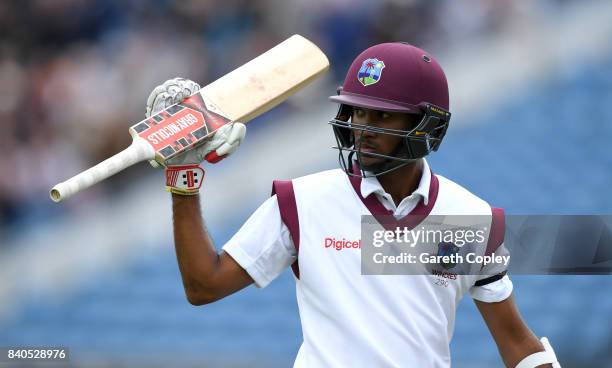 Kraigg Brathwaite of the West Indies salutes the crowd as he leaves the field after being dismissed by Moeen Ali of England during day five of the...