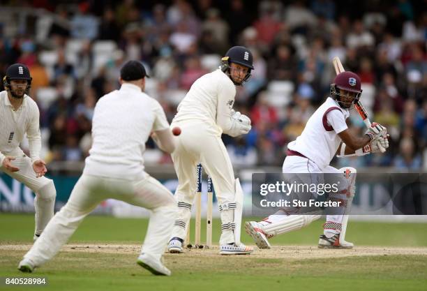 West Indies batsman Kraigg Brathwaite is caught at slip by Ben Stokes for 95 runs during day five of the 2nd Investec Test Match between England and...
