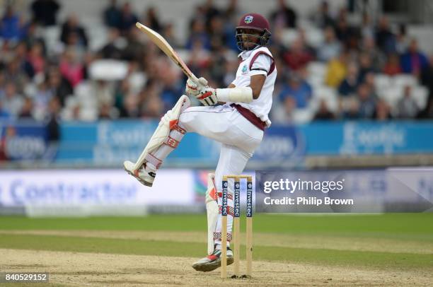 Kraigg Brathwaite of the West Indies hits out during the fifth day of the 2nd Investec Test match between England and the West Indies at Headingley...