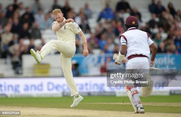 Ben Stokes of England reacts as Kraigg Brathwaite of the West Indies runs during the fifth day of the 2nd Investec Test match between England and the...