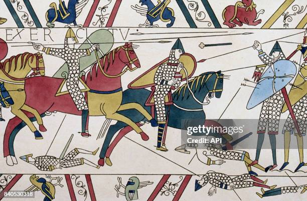 Reproduction de la Tapisserie de Bayeux représentant la bataille d'Hastings, en 1066, réalisée en 1821.