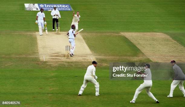 England bowler Stuart Broad reacts after a catch gets dropped by Alastair Cook off Kraigg Brathwaite during day five of the 2nd Investec Test Match...