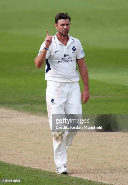 James Franklin of Middlesex celebrates dismissing Ben Foakes of Surrey during day two of the Specsavers County Championship Division One match...