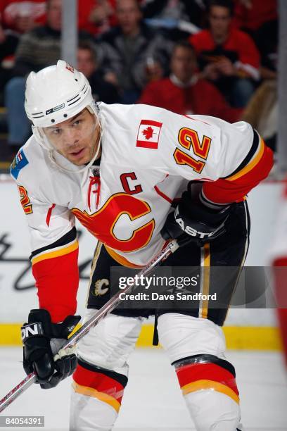 Jarome Iginla of the Calgary Flames looks on during the game against the Detroit Red Wings at Joe Louis Arena December on 10, 2008 in Detroit,...