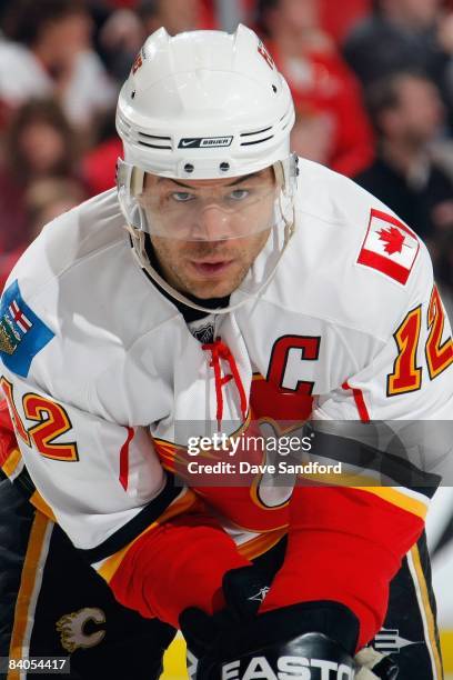 Jarome Iginla of the Calgary Flames looks on during the game against the Detroit Red Wings at Joe Louis Arena December on 10, 2008 in Detroit,...