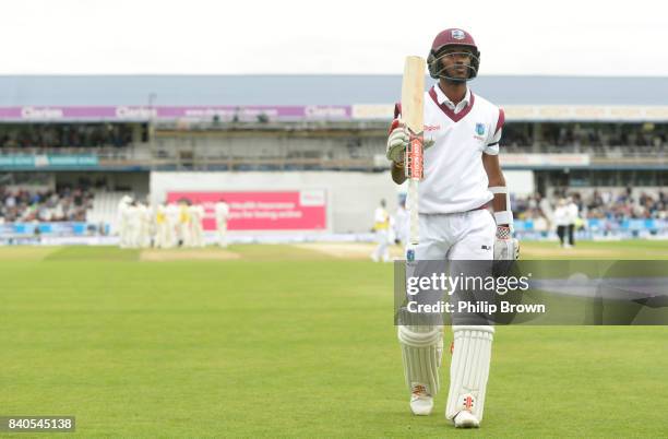 Kraigg Brathwaite of the West Indies leaves the field after being dismissed during the fifth day of the 2nd Investec Test match between England and...