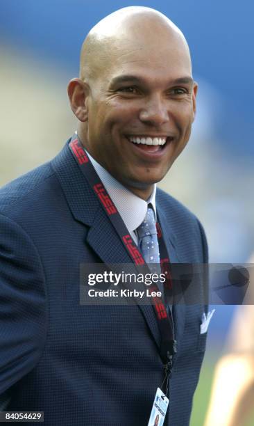 David Justice watches batting practice before game between the Los Angeles Dodgers and Florida Marlins at Dodger Stadium in Los Angeles, Calif. On...