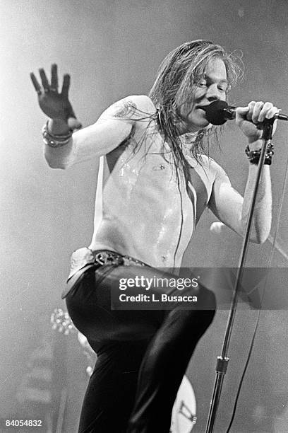 American musician Axl Rose, of the group Guns 'n' Roses, performs in concert at the Ritz, New York, New York, February 2, 1988.