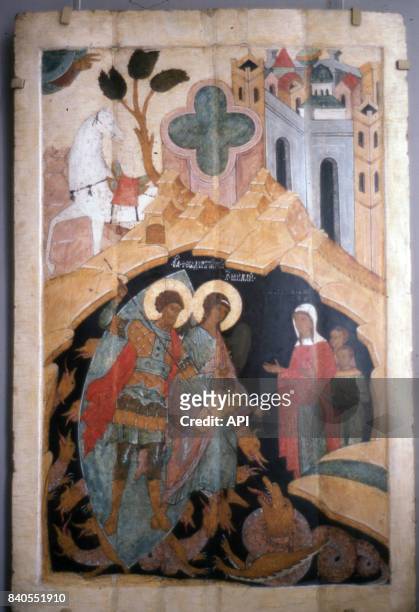 Icône représentant saint Théodore et saint Michel terrassant les dragons.