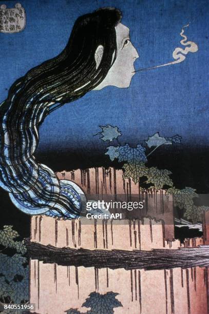 Manoir aux assiettes, estampe japonaise de la série Cent contes de fantômes de Katsushika Hokusai.