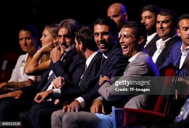 Cristiano Ronaldo of Real Madrid,Lionel Messi of Barcelona and Gianluigi Buffon of Juventus looks on during the UEFA Champions League Group stage...