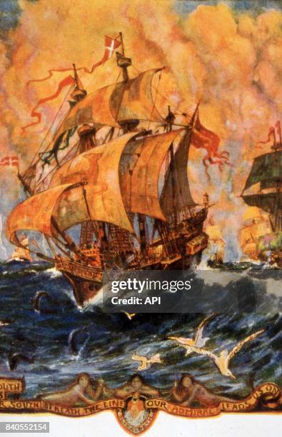 Le "Golden Hind", le bateau du corsaire anglais Francis Drake, lors d'une bataille.