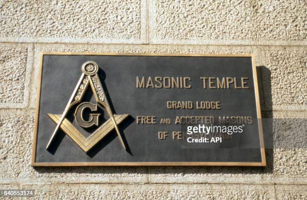 Plaque du temple maçonnique de la Grande Loge de Pennsylvanie à Philadelphie, Etats-Unis.