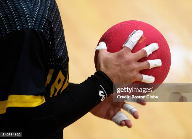Player holds a ball at the Elite Dodgeball National Championships at Boston University on Aug. 17, 2017. More than 360 of the best dodgeball players...
