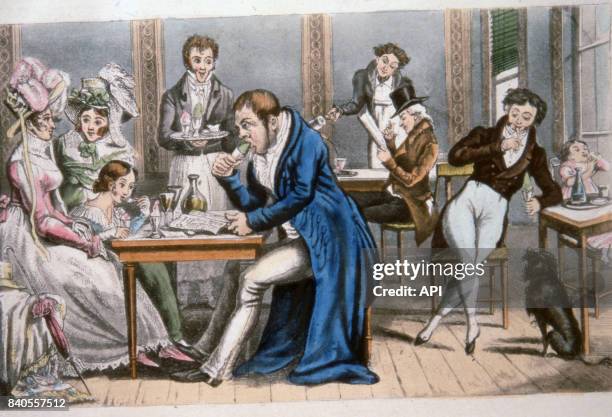 Touristes anglais mangeant des glaces dans un café à Paris, en 1815, France.