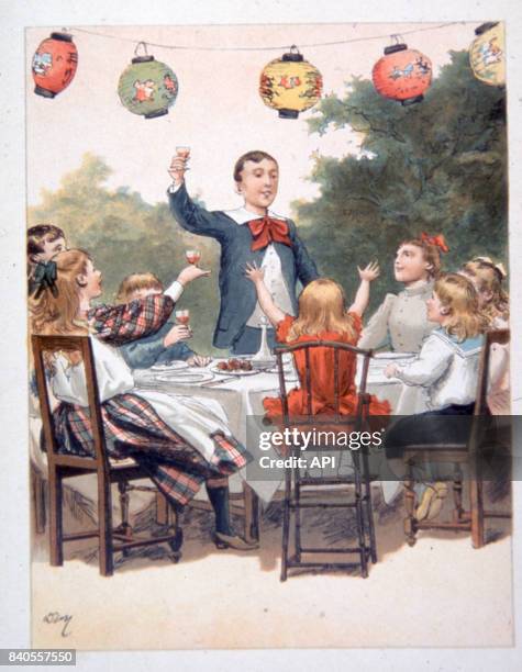 Enfants portant un toast pendant un goûter d'anniversaire, en 1890.