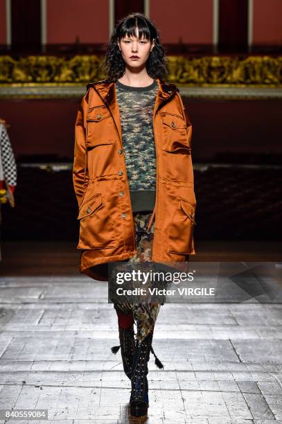 Model walks the runway during A La Garconne fashion show as part of Sao Paulo N44 Fashion Week Spring/Summer 2018 on August 26, 2017 in Sao Paulo,...