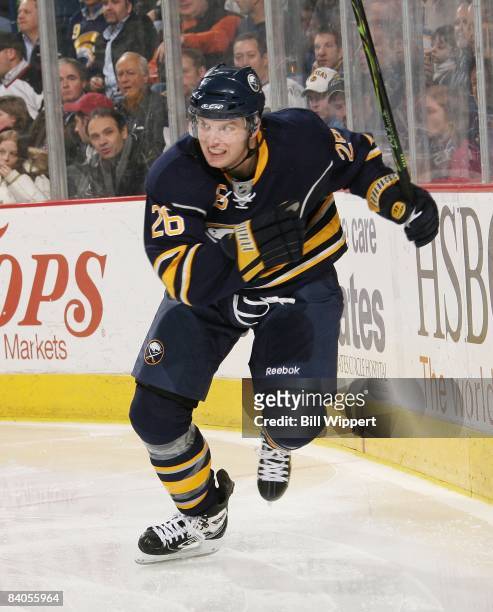 Thomas Vanek of the Buffalo Sabres skates against the Toronto Maple Leafs on December 12, 2008 at HSBC Arena in Buffalo, New York.