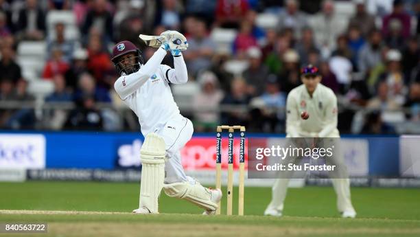 West Indies batsman Jermaine Blackwood hits out during day five of the 2nd Investec Test Match between England and West Indies at Headingley on...