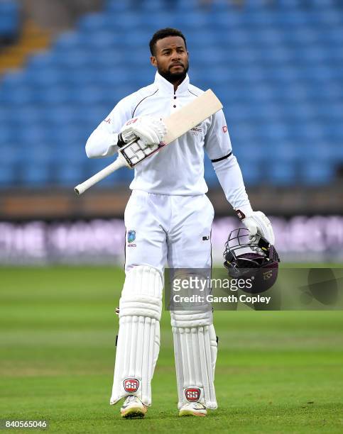 Shai Hope of the West Indies celebrates reaching his century during day five of the 2nd Investec Test between England and the West Indies at...