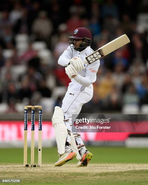 West Indies batsman Shai Hope hits out during day five of the 2nd Investec Test Match between England and West Indies at Headingley on August 29,...