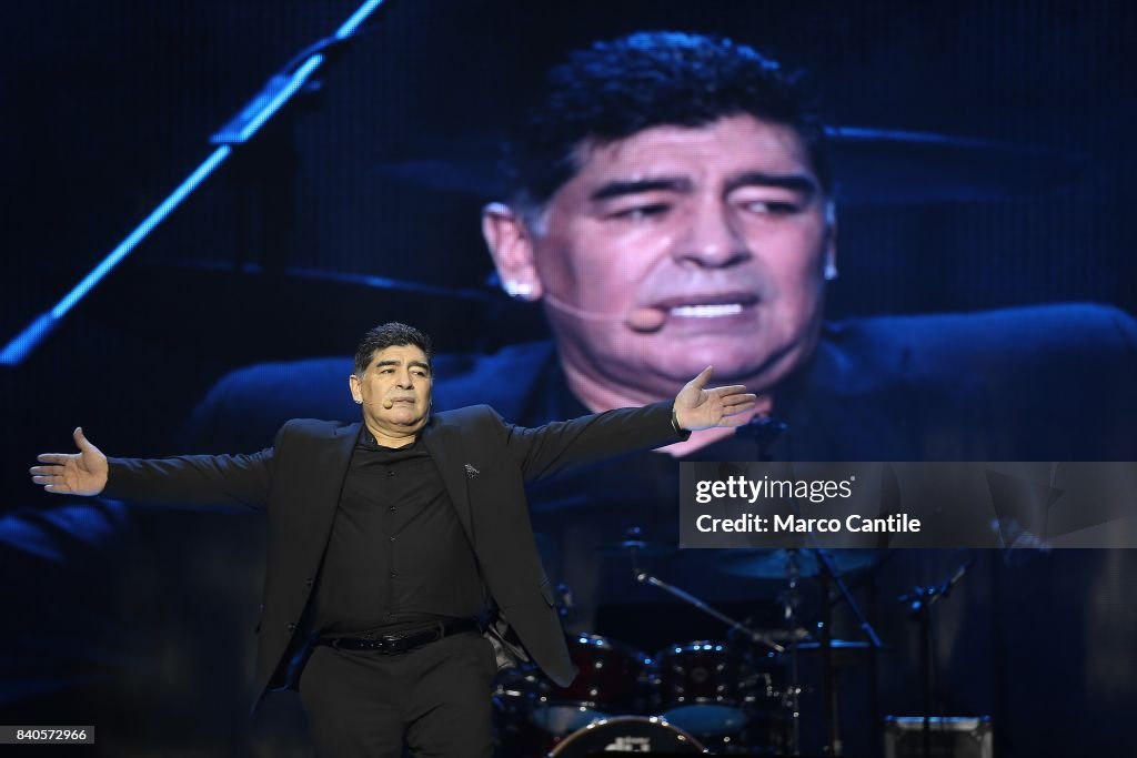 Diego Armando Maradona celebrates, in Piazza del Plebiscito...
