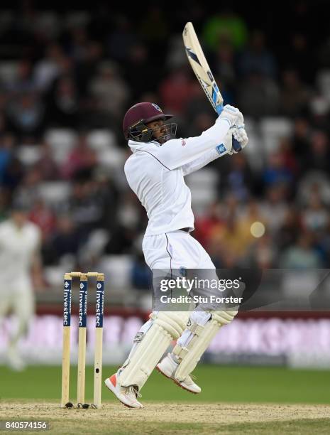 West Indies batsman Jermaine Blackwood hits out during day five of the 2nd Investec Test Match between England and West Indies at Headingley on...