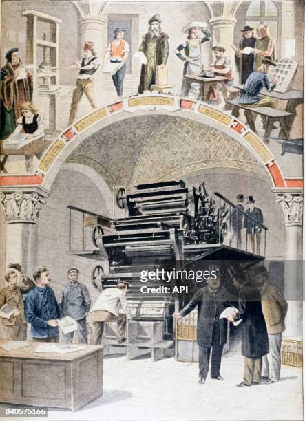 Illustration du Petit Journal Illustré relatant l'invention et les progrès de l'imprimerie.