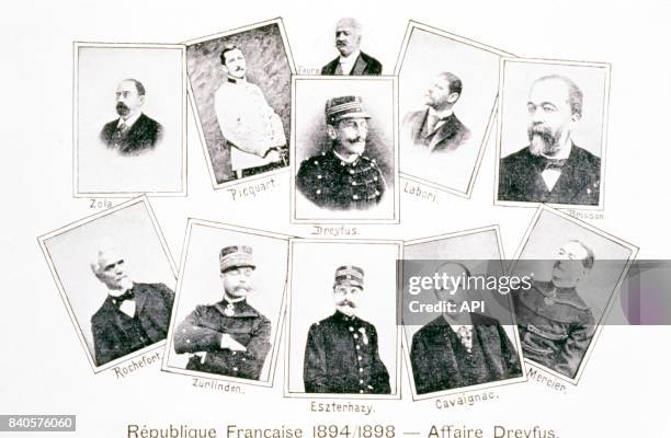 Portrait des protagonistes de l'affaire Dreyfus: Emile Zola, Marie-Georges Picquart, Alfred Dreyfus, Félix Faure, Fernand Labori, Henri Brisson,...