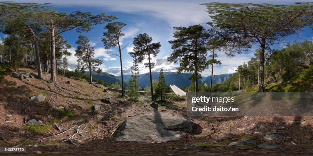 360-degree panorama of forest next to Stegastein viewing platform overlooking Aurlandsfjord, Sogn og Fjordane county, Norway, Europe