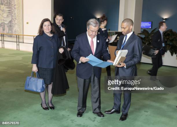 Secretary-General Antonio Guterres, center, with Maria Luiza Viotti before the General Assembly meeting on the International Day of Remembrance of...