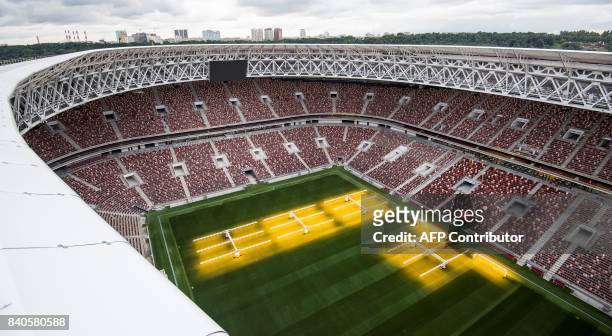 An aerial view shows the pitch and the tribunes of the Luzhniki Stadium in Moscow on August 29, 2017. Luzhniki Stadium will host seven matches...