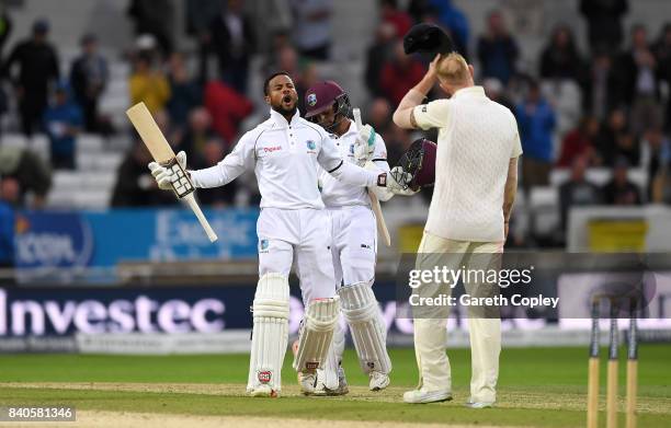 Shai Hope of the West Indies celebrates winning the 2nd Investec Test between England and the West Indies at Headingley on August 29, 2017 in Leeds,...