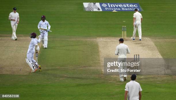 West Indies batsman Shai Hope celebrates after hitting the winning runs during day five of the 2nd Investec Test Match between England and West...