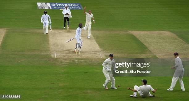 England bowler Stuart Broad reacts after a second catch gets dropped by Alastair Cook off Shai Hope during day five of the 2nd Investec Test Match...