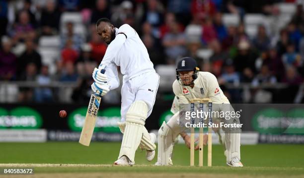 West Indies batsman Jermaine Blackwood hits out during day five of the 2nd Investec Test Match between England and West Indies at Headingley on...