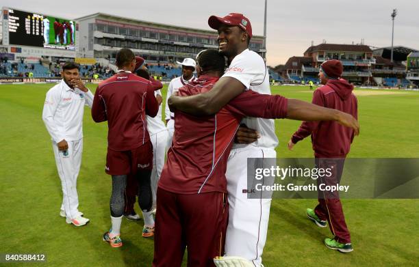 West Indies captain Jason Holder celebrates after winning the 2nd Investec Test between England and the West Indies at Headingley on August 29, 2017...