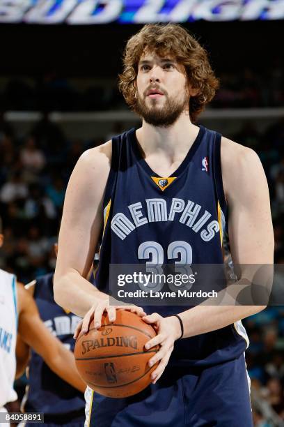 Marc Gasol of the Memphis Grizzlies shoots a free throw during the game against the New Orleans Hornets at the New Orleans Arena on December 6, 2008...