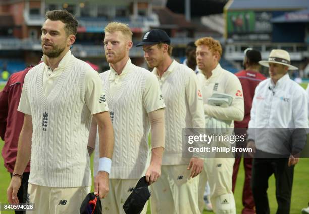 England players leave the field after losing the 2nd Investec Test match between England and the West Indies at Headingley cricket ground on August...